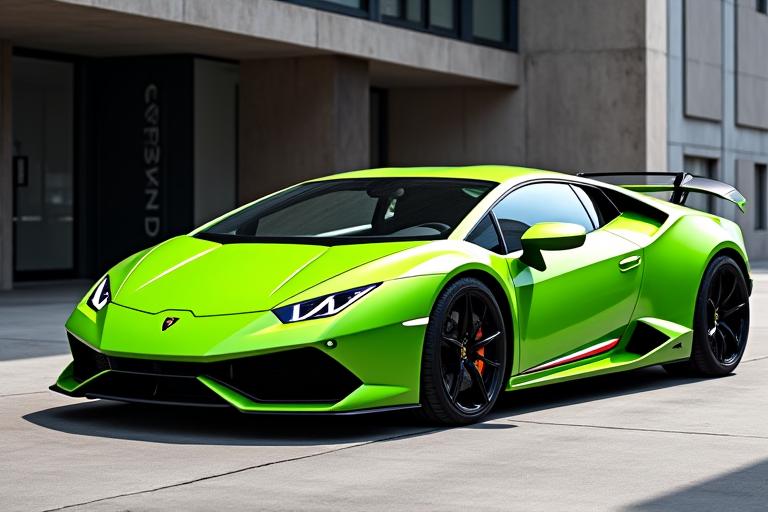 A sharp, green Lamborghini Huracán EVO against a modern architectural background.